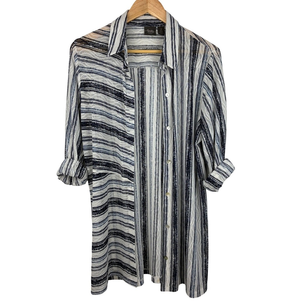 Chico's Travelers Collection Semi Sheer Mesh Striped Tunic Shirt Side Slits (L) - Picture 3 of 10